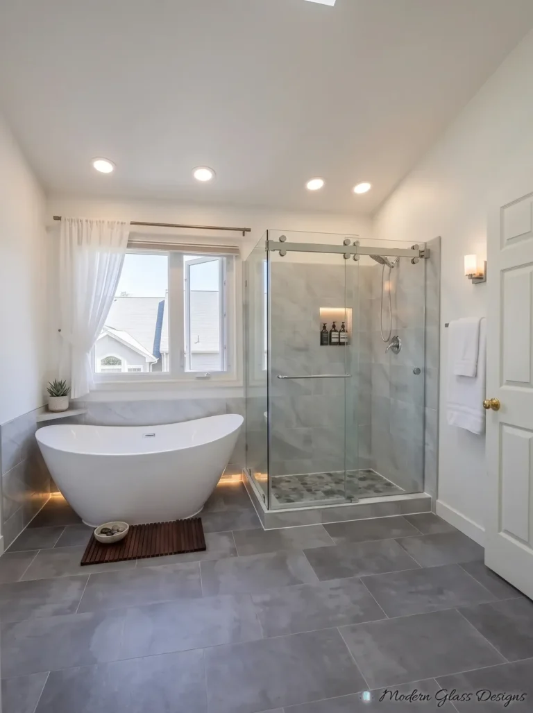Frameless Sliding Shower Enclosure Beside Freestanding Tub