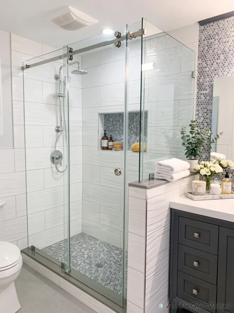 Frameless Sliding Shower Enclosure, Chrome, Wave Tile