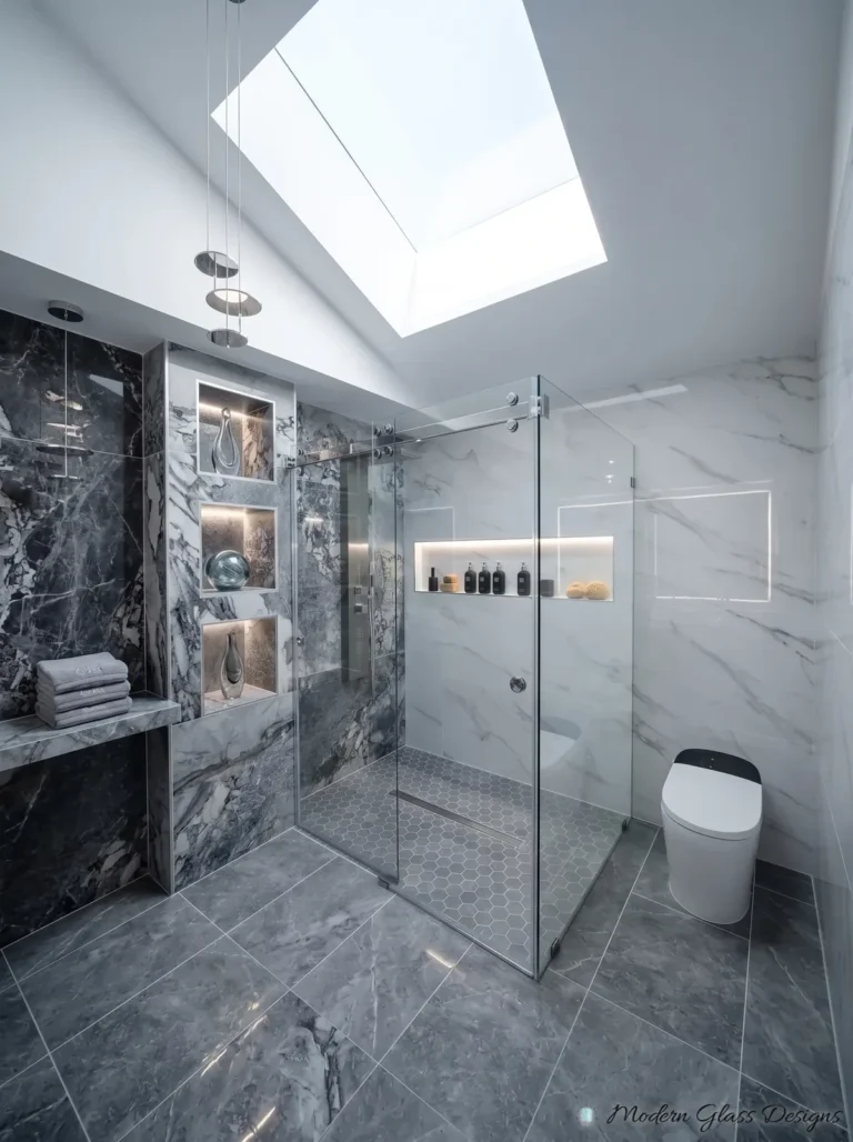 Frameless Sliding Shower Enclosure, Dark Marble, Skylight