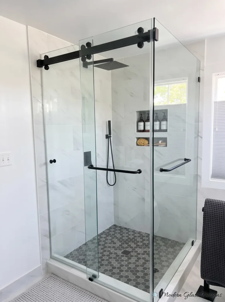 Frameless Sliding Shower Enclosure, Matte Black, Marble Corner