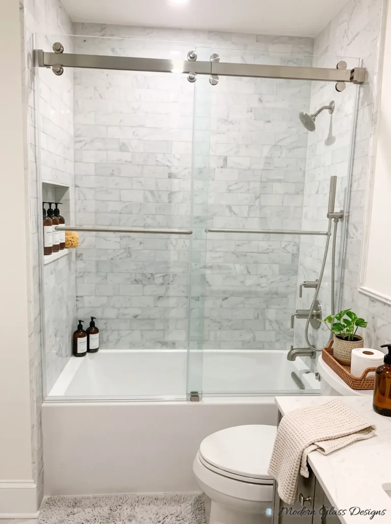 Frameless Sliding Tub Door, Brushed Nickel, Marble Subway Tile