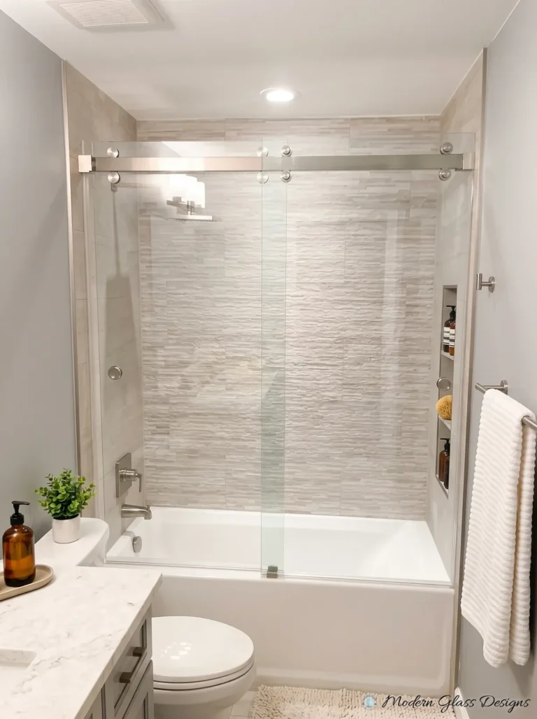 Frameless Sliding Tub Door, Brushed Nickel, Stacked Stone Tile