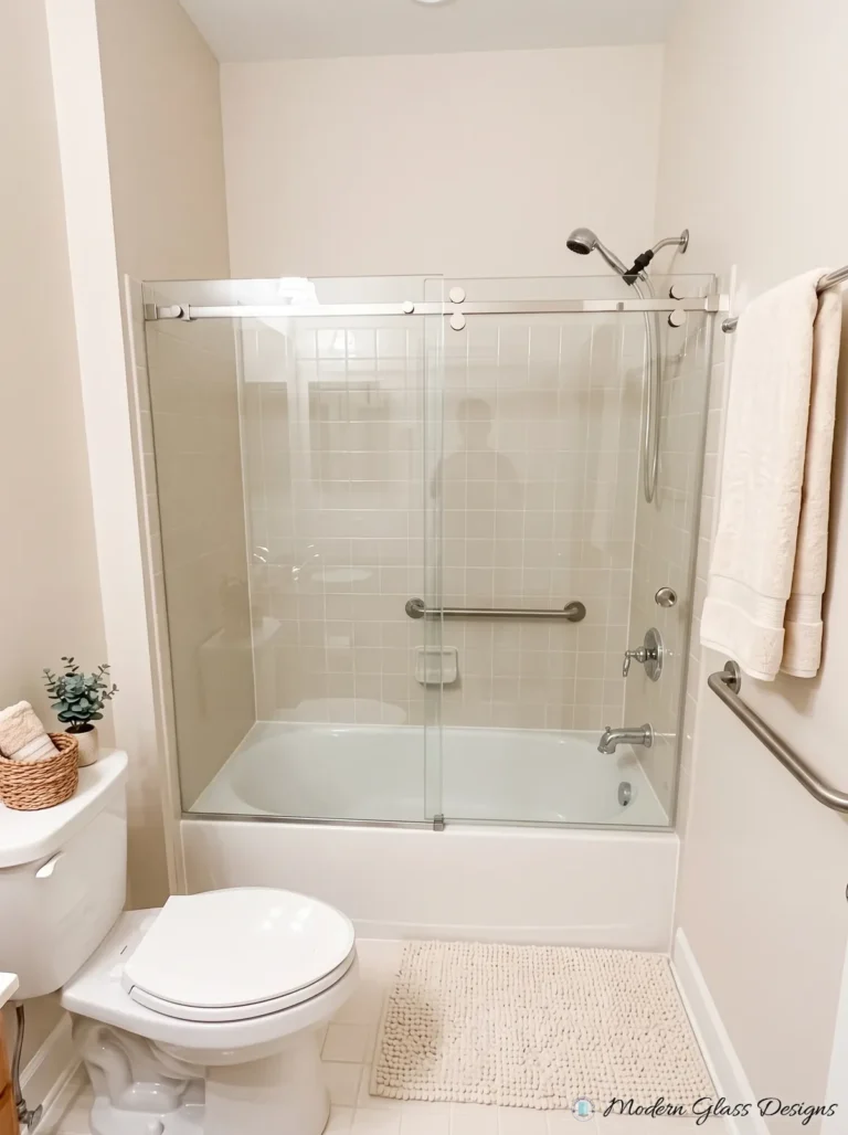 Frameless Sliding Tub Door, Brushed Nickel, Tile Surround