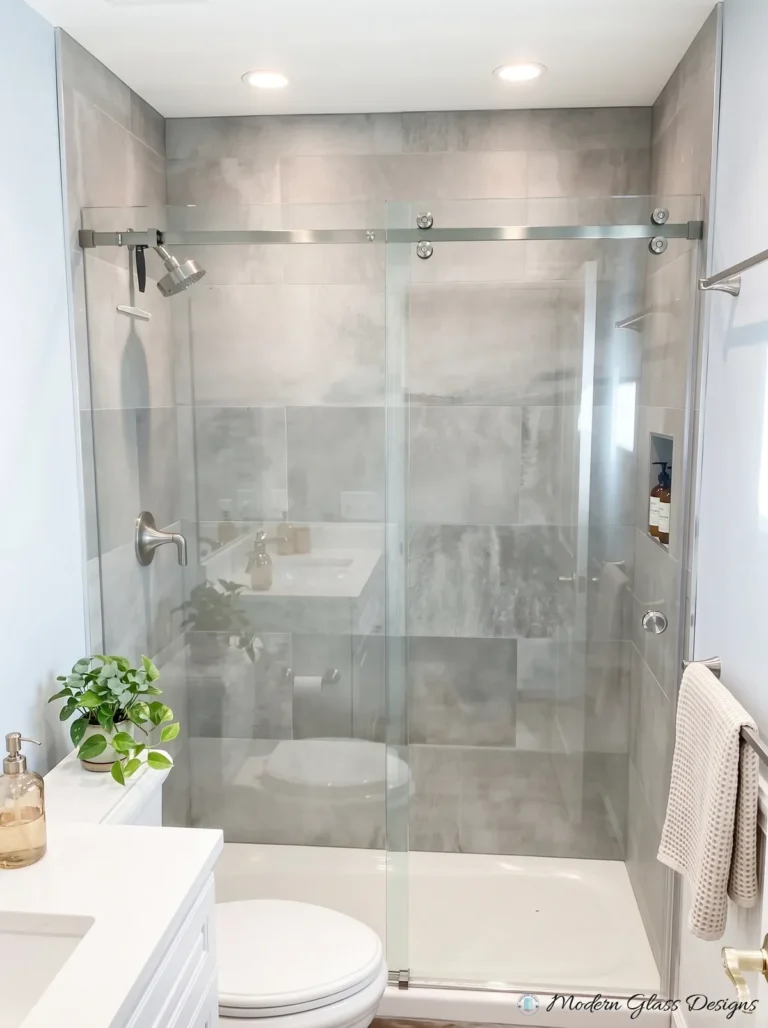 Frameless Sliding Tub Door, Chrome, Grey Tile