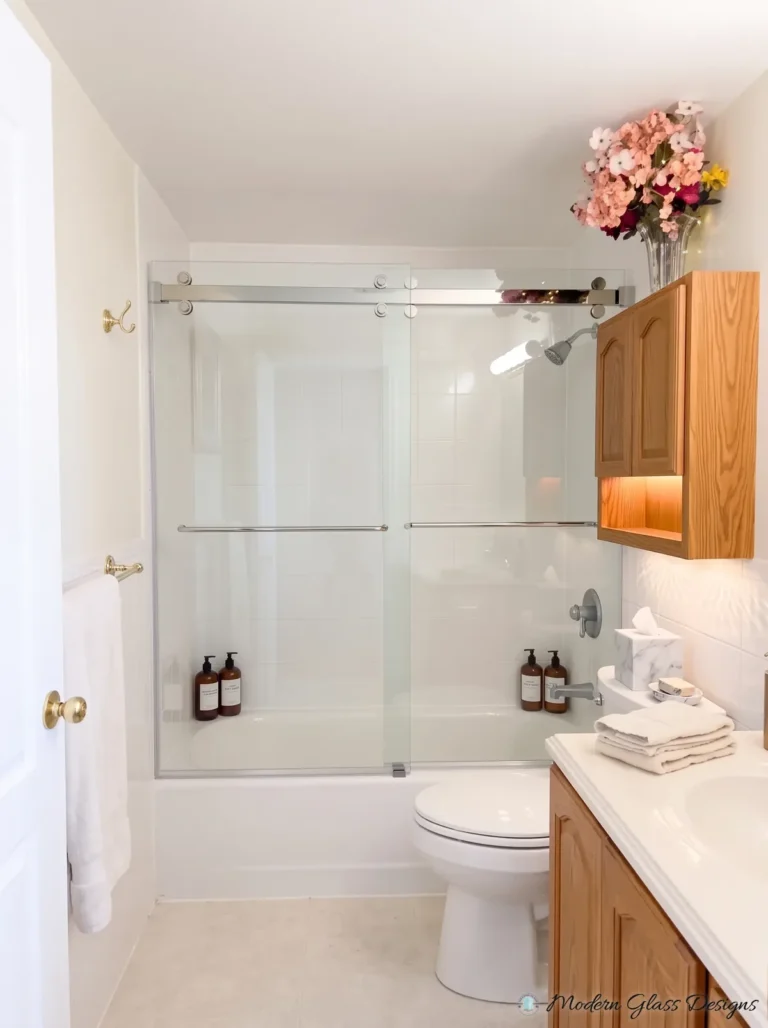 Frameless Sliding Tub Door, Chrome, Oak Cabinets