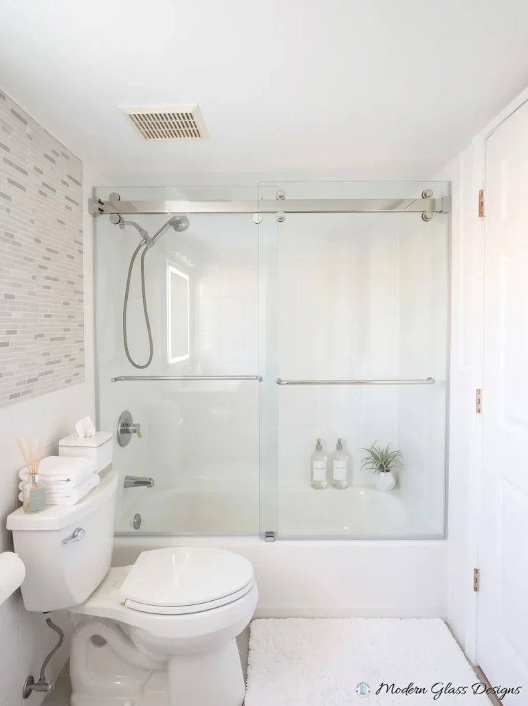 Frameless Sliding Tub Door, Chrome, White Tile