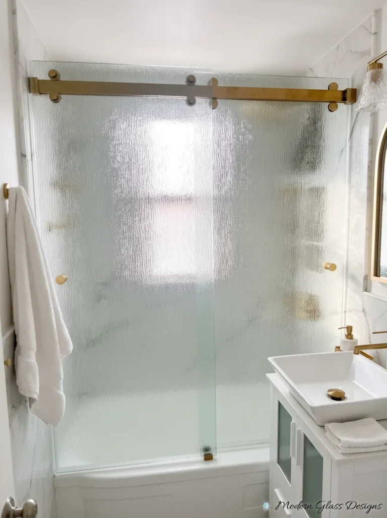 Frameless Sliding Tub Door, Rain Glass, Brushed Brass