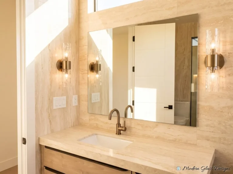 Frameless vanity mirror on a beige wall between brass sconces
