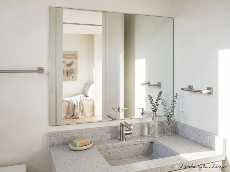 Frameless vanity mirror above a single sink with a gray countertop