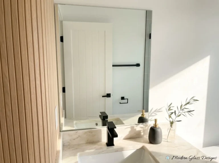 Frameless vanity mirror beside a wood slat wall