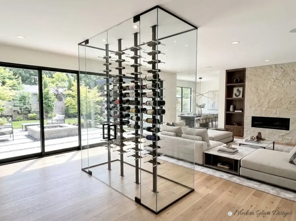 Freestanding frameless glass wine enclosure with a square pull, wide view