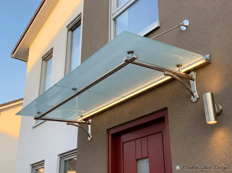 Frosted glass canopy on polished stainless brackets with lighting above a red front door
