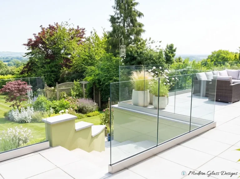 Frameless glass railing in a base shoe along garden terrace steps
