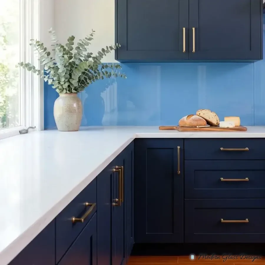 Bright blue back-painted glass backsplash with navy cabinets and a white countertop