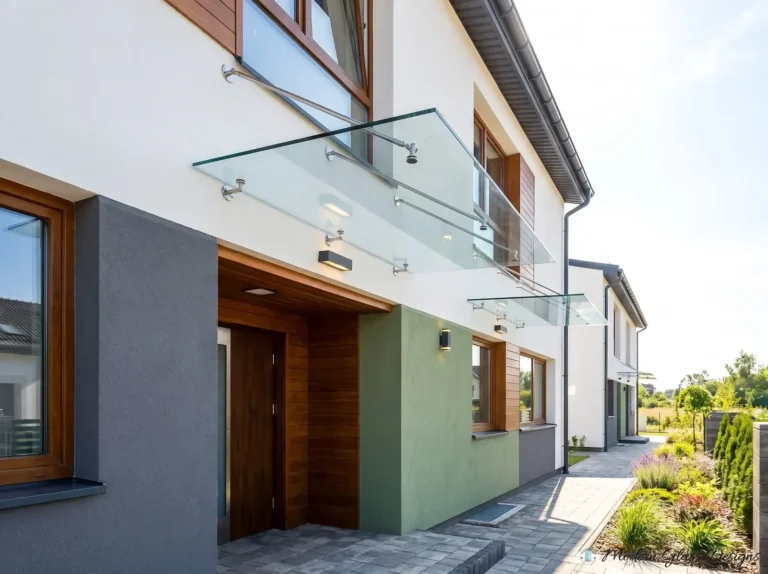 Frameless glass canopies on steel rods above townhouse entries