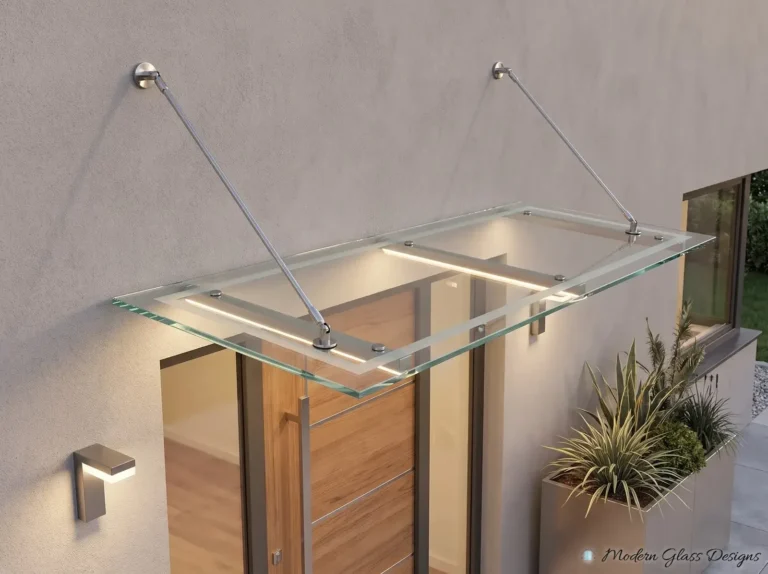 Glass canopy with a frosted border and lit rails above a wood front door