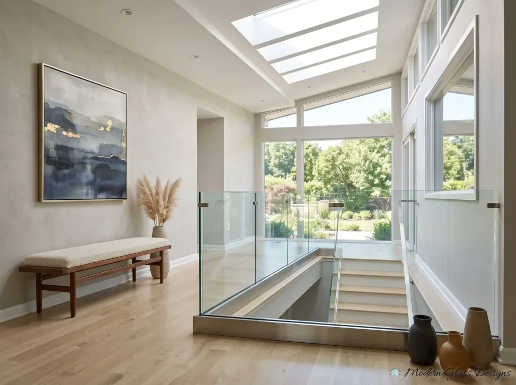 Glass railing in a base shoe around a stair opening beneath a skylight
