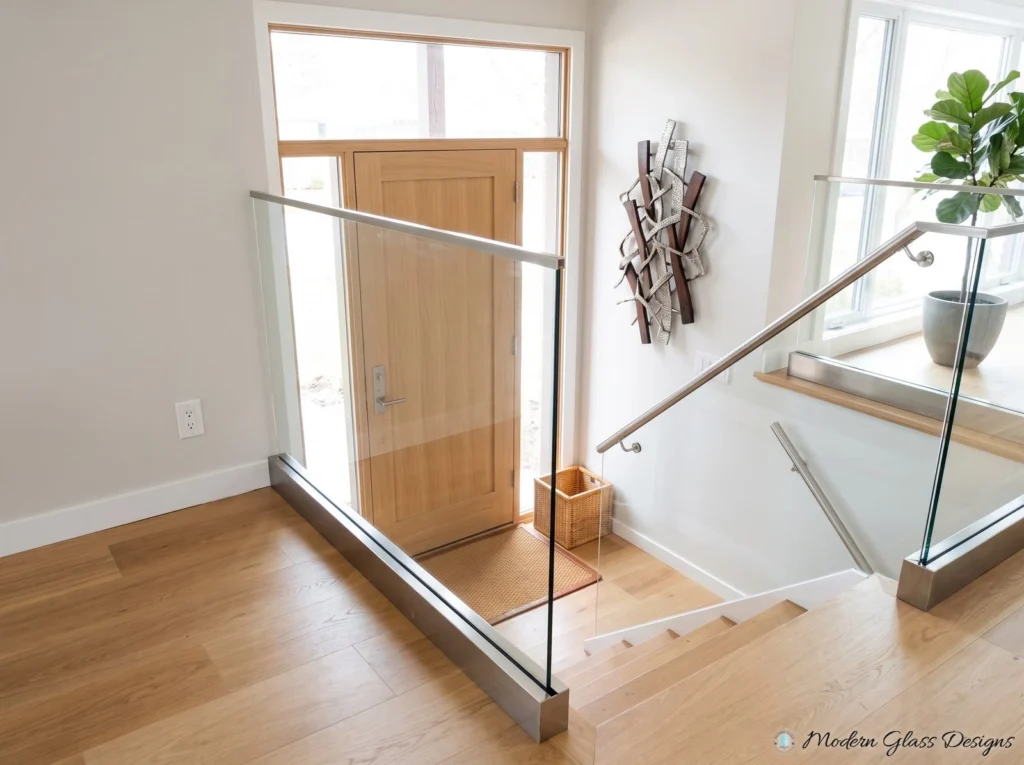 Glass railing in a base shoe with a square cap rail around a stair landing near the front door
