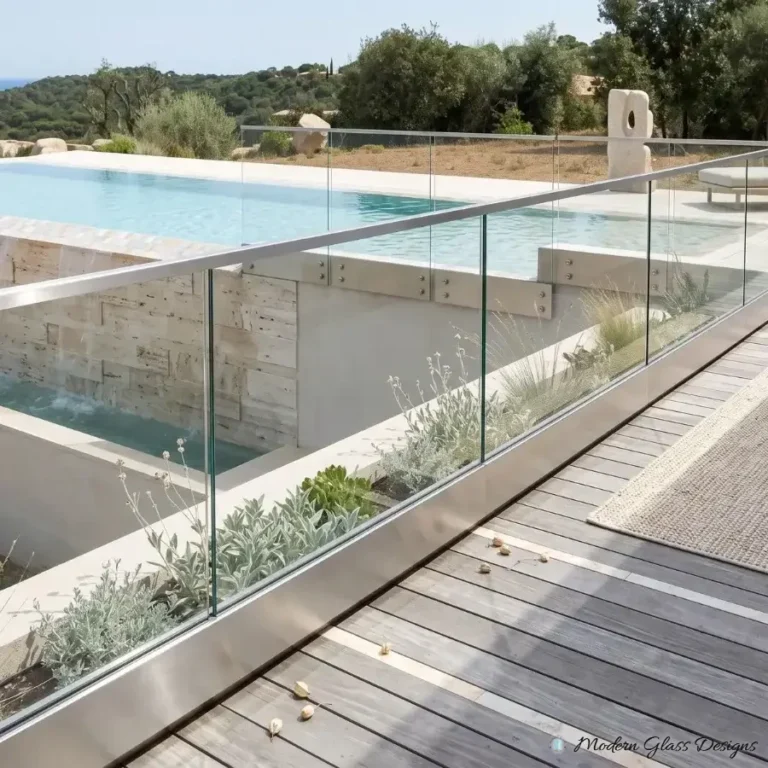 Glass railing in a base shoe with a cap rail along a terrace beside a raised pool