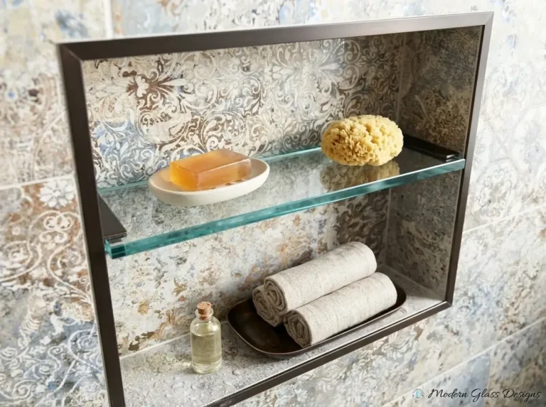 Glass shelf in a patterned tile shower niche