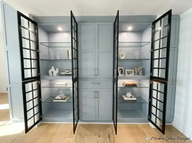 Glass shelves inside a gray cabinet with black grid glass doors