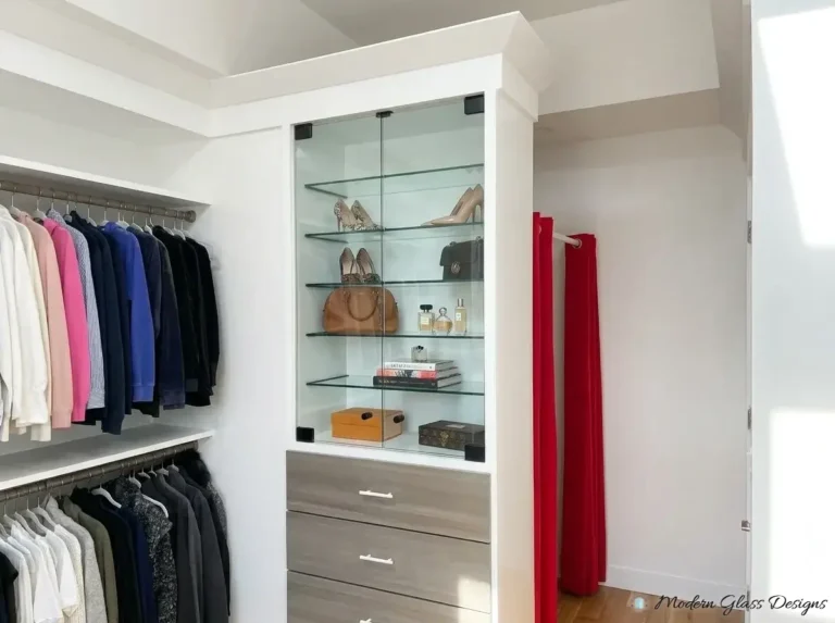 Glass display shelves in a walk-in closet