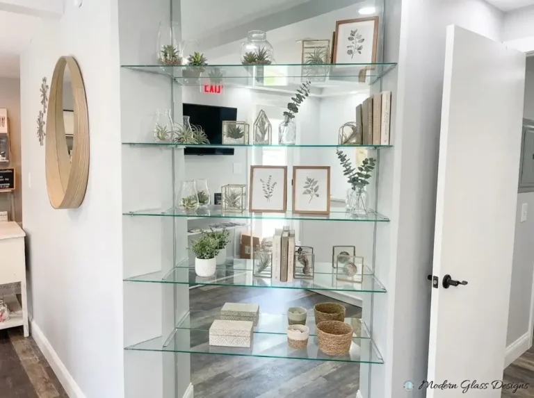 Glass shelves in a corner display nook