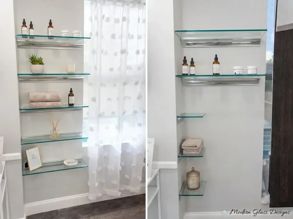 Glass shelves on chrome brackets on both sides of a window