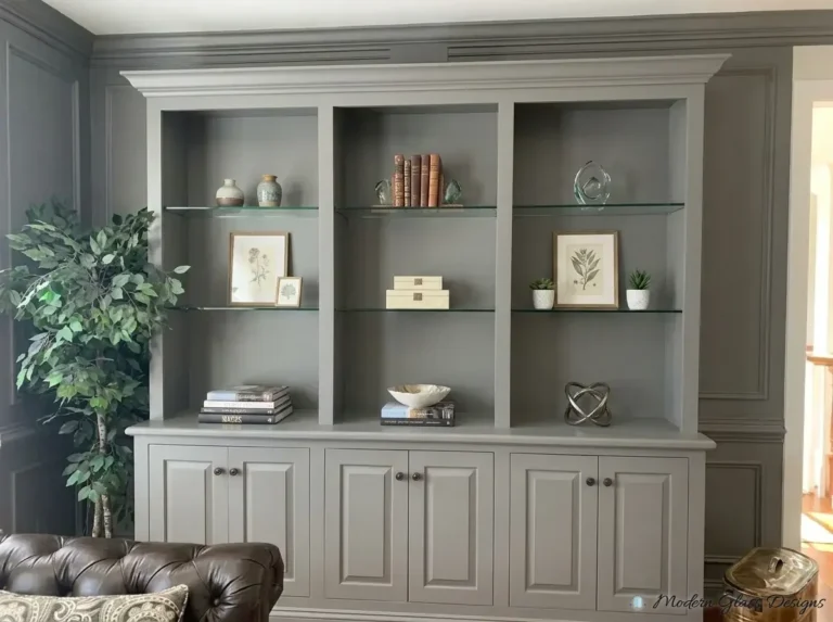 Glass shelves in a gray built-in bookcase