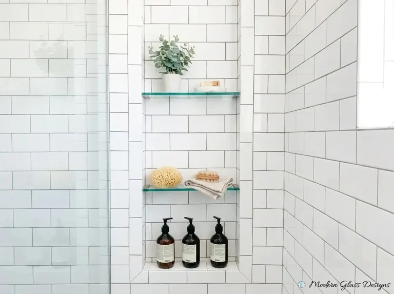 Glass shelves in a tiled shower niche