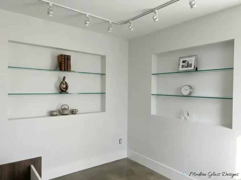 Glass shelves in two recessed wall niches