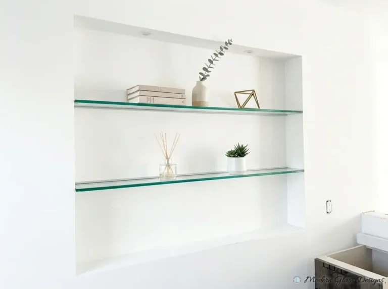 Glass shelves spanning a white wall niche