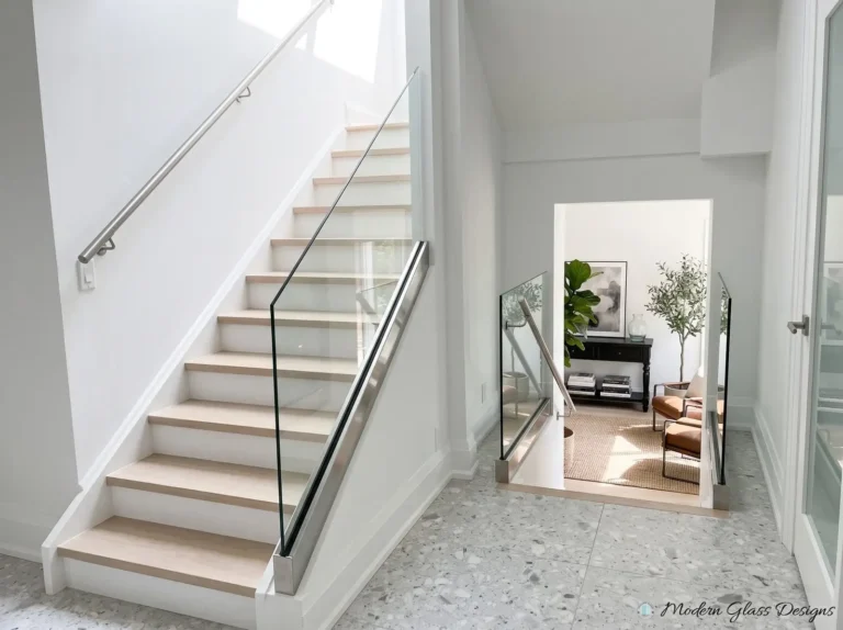 Glass stair railing in a base shoe along a white staircase with light oak treads