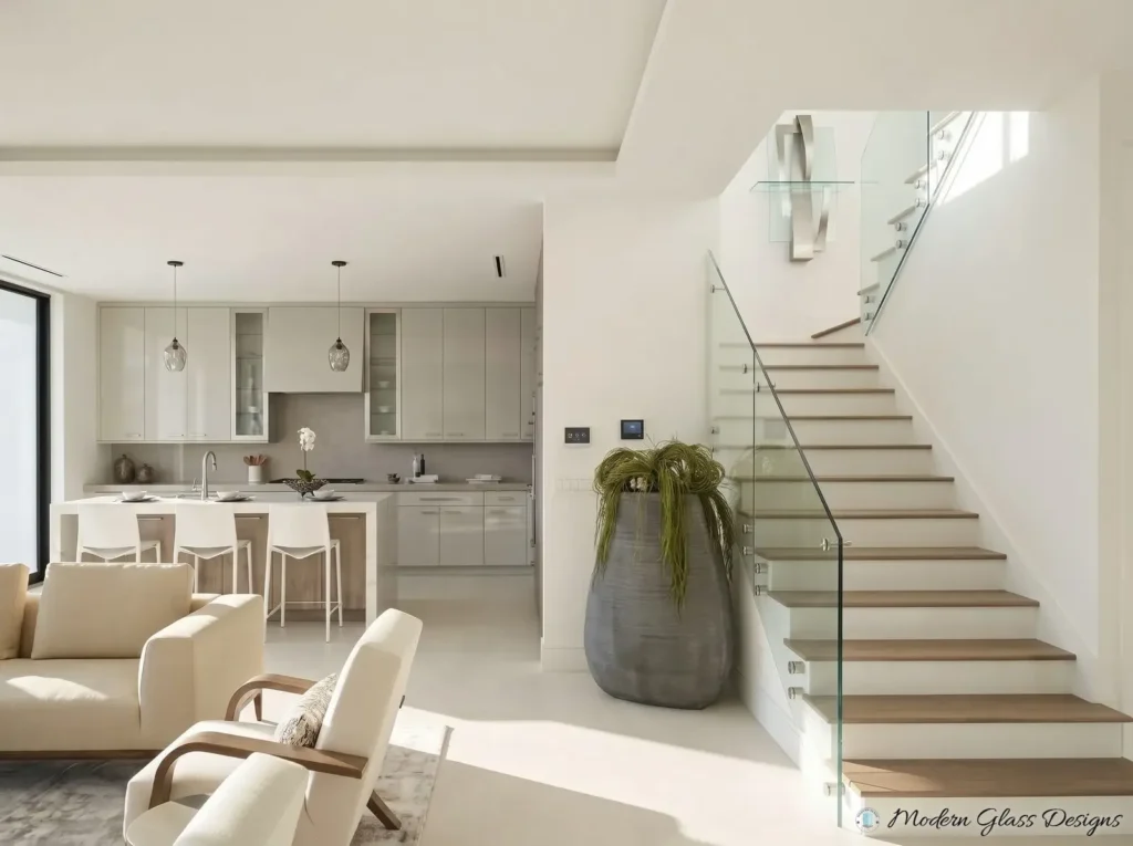 Frameless glass stair railing fixed with round standoffs beside an open kitchen and living room