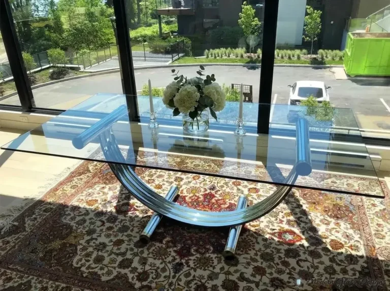 Glass table top on a sculpted base in a sunroom