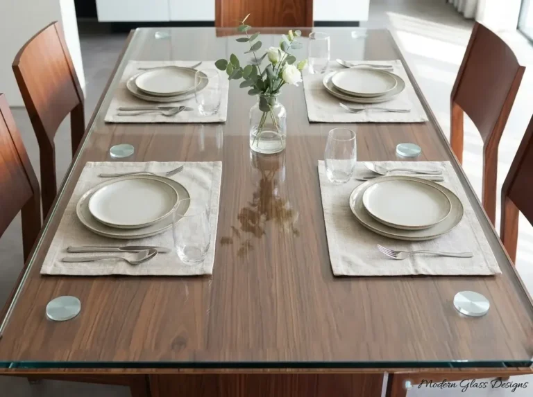 Glass top protecting a wood dining table set for dinner