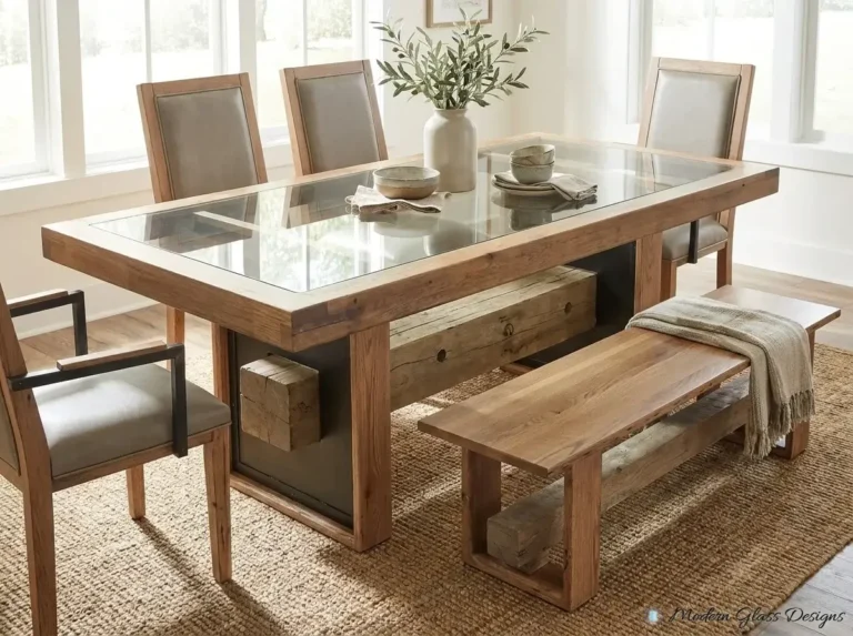 Glass top on a farmhouse dining table with bench