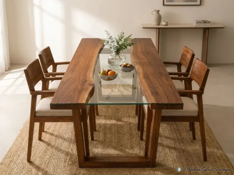 Glass top on a long wood dining table