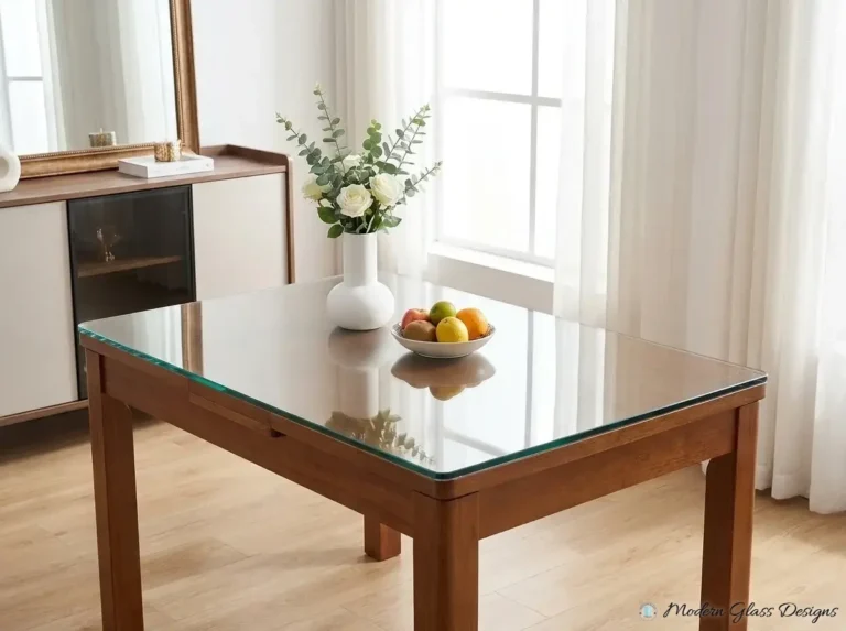 Glass top on a square wood table