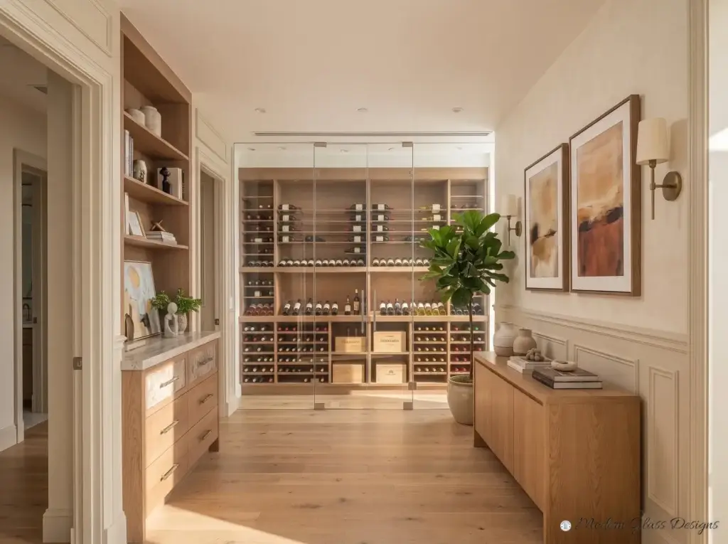 Pair of frameless glass doors on a full glass wine cellar front