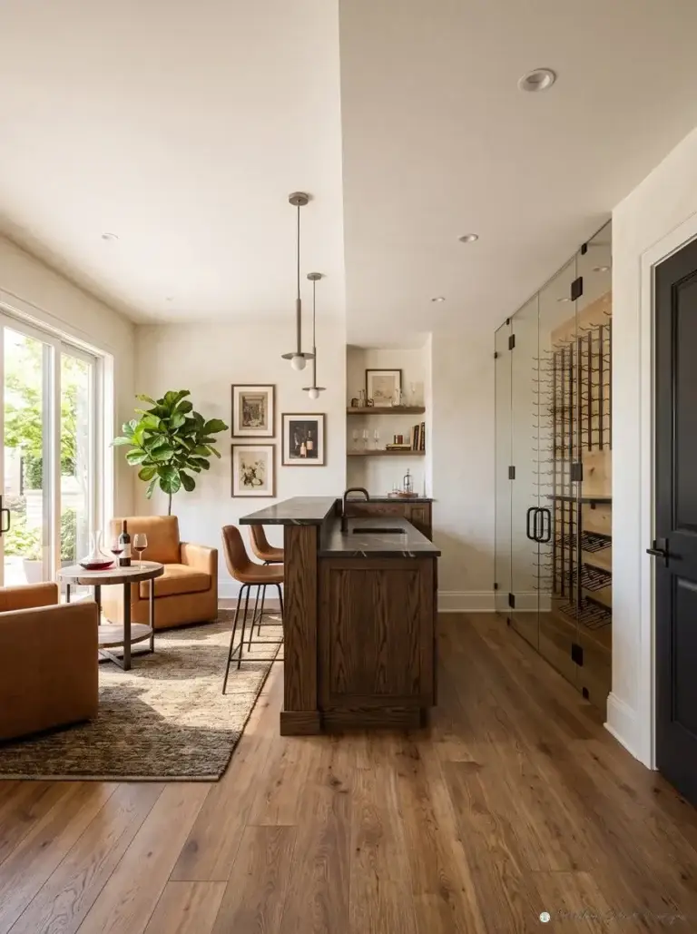 Frameless glass wine room doors beside a home bar