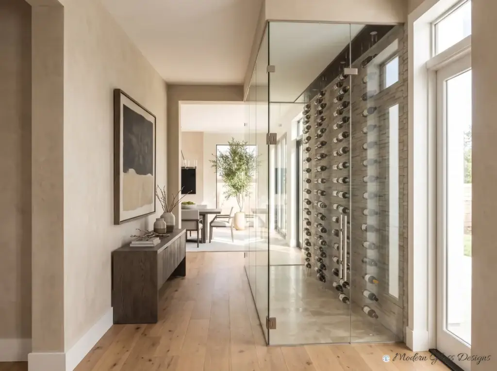 Hinged frameless glass wine room door with a ladder pull