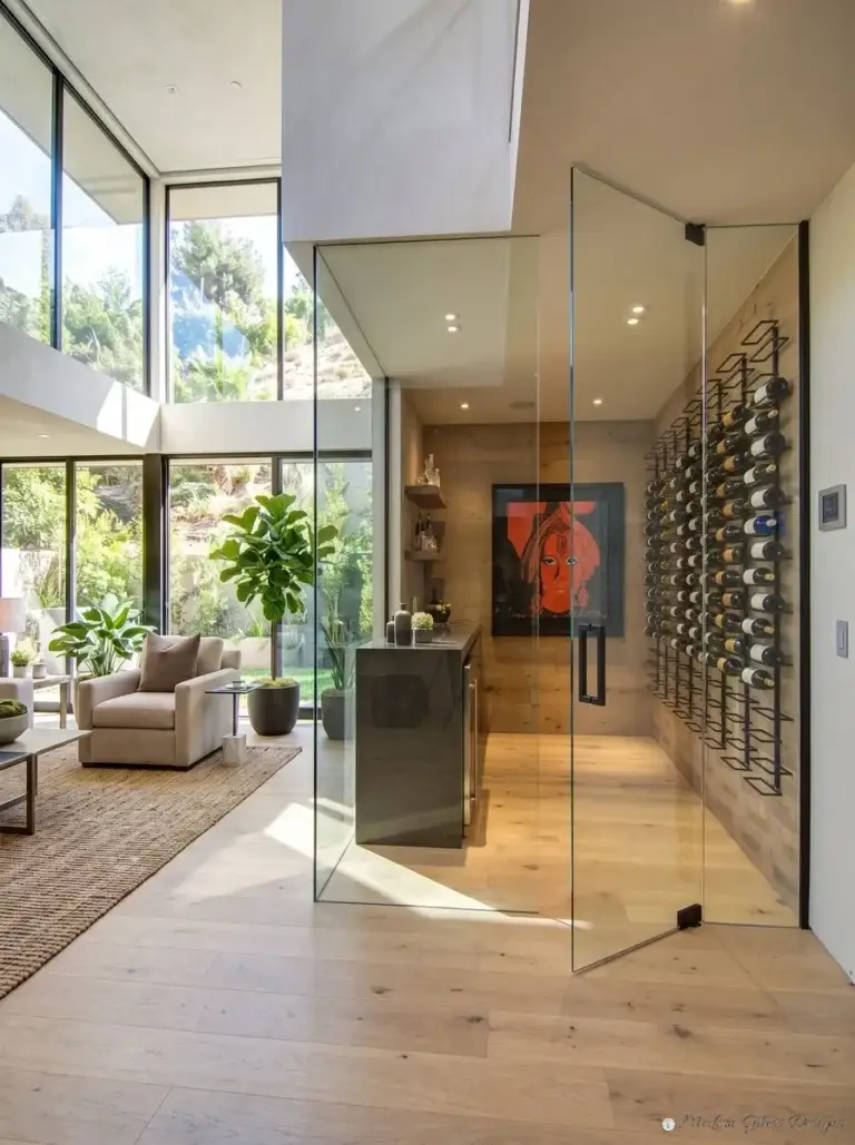 Frameless glass wine room with a pivot door open