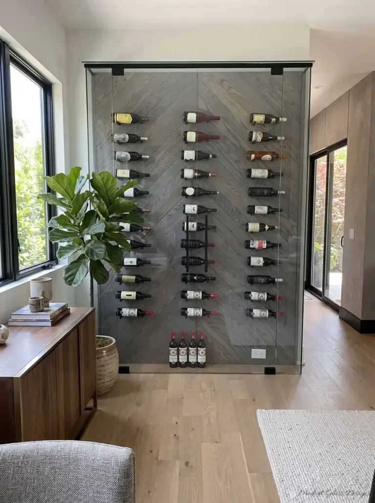 Glass wine enclosure front with black clamps