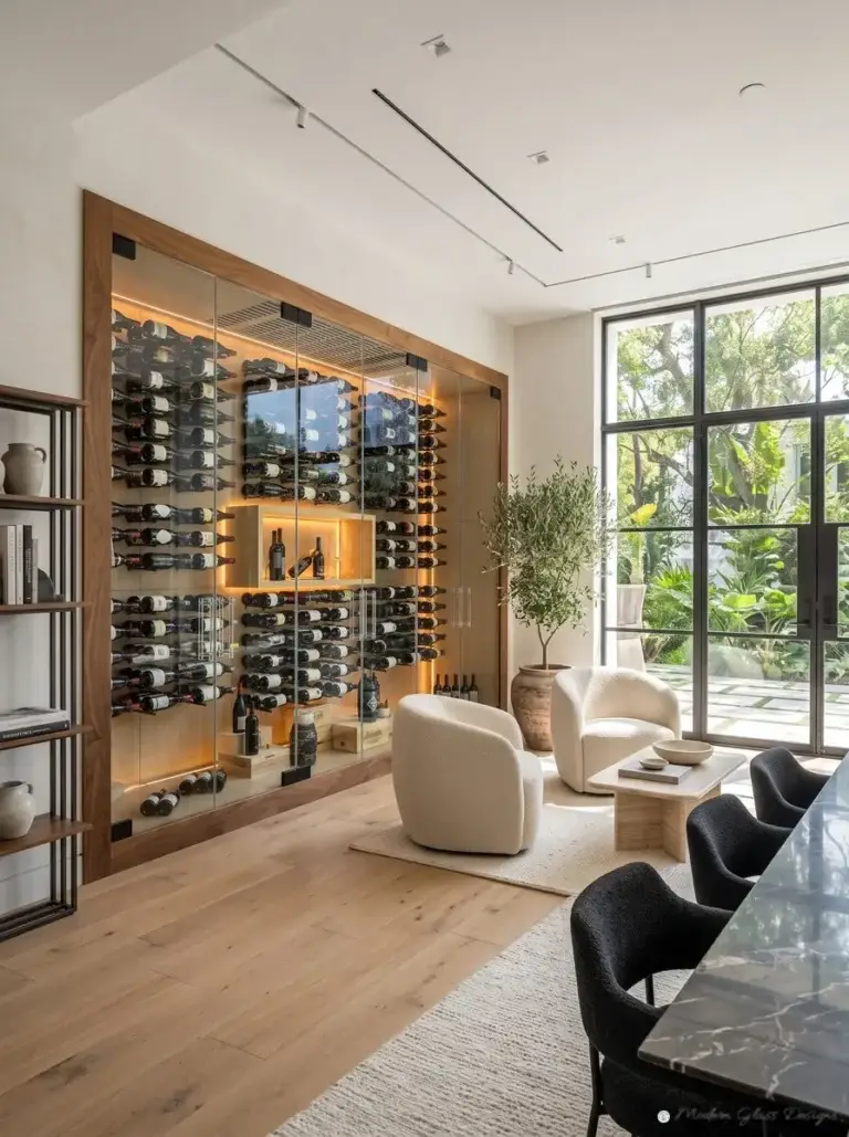 Glass wine wall front with frameless doors in a wood surround