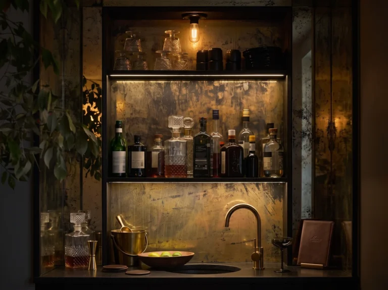 Bar niche lined with gold-toned antique mirror, with lit shelves and a brass faucet