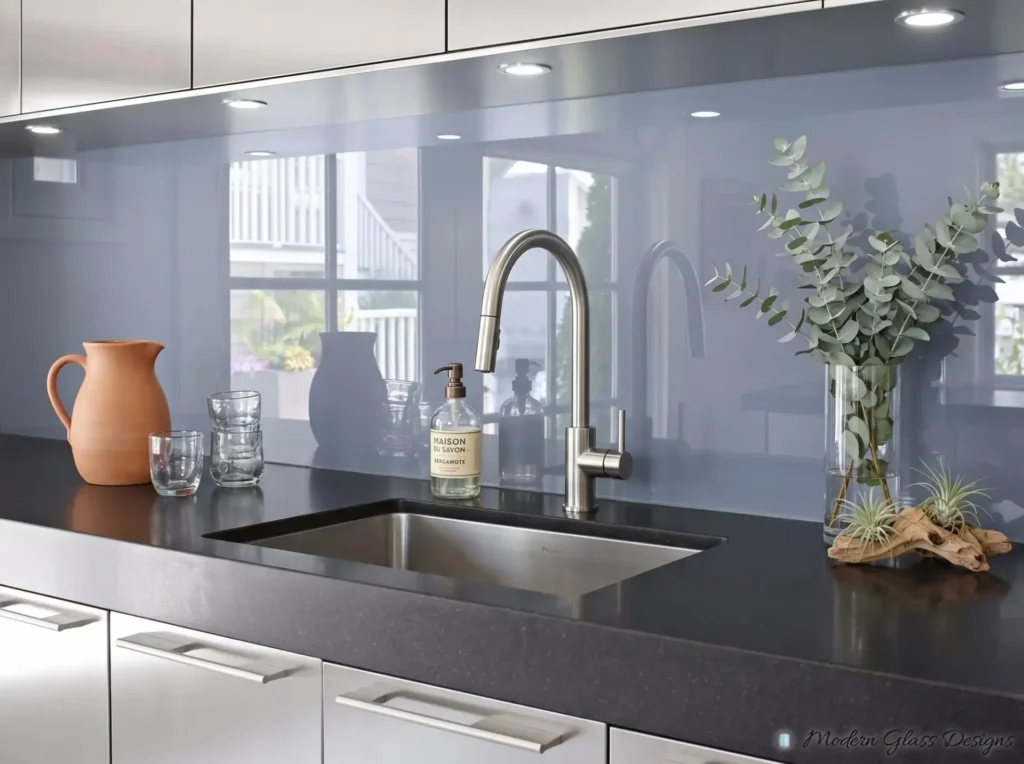 Gray-blue back-painted glass backsplash behind a kitchen sink under wall cabinets