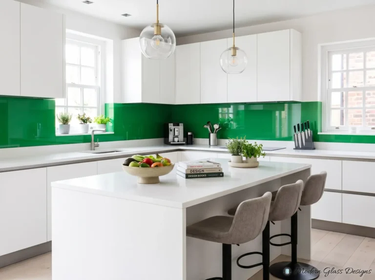 Green back-painted glass backsplash wrapping a white kitchen with an island