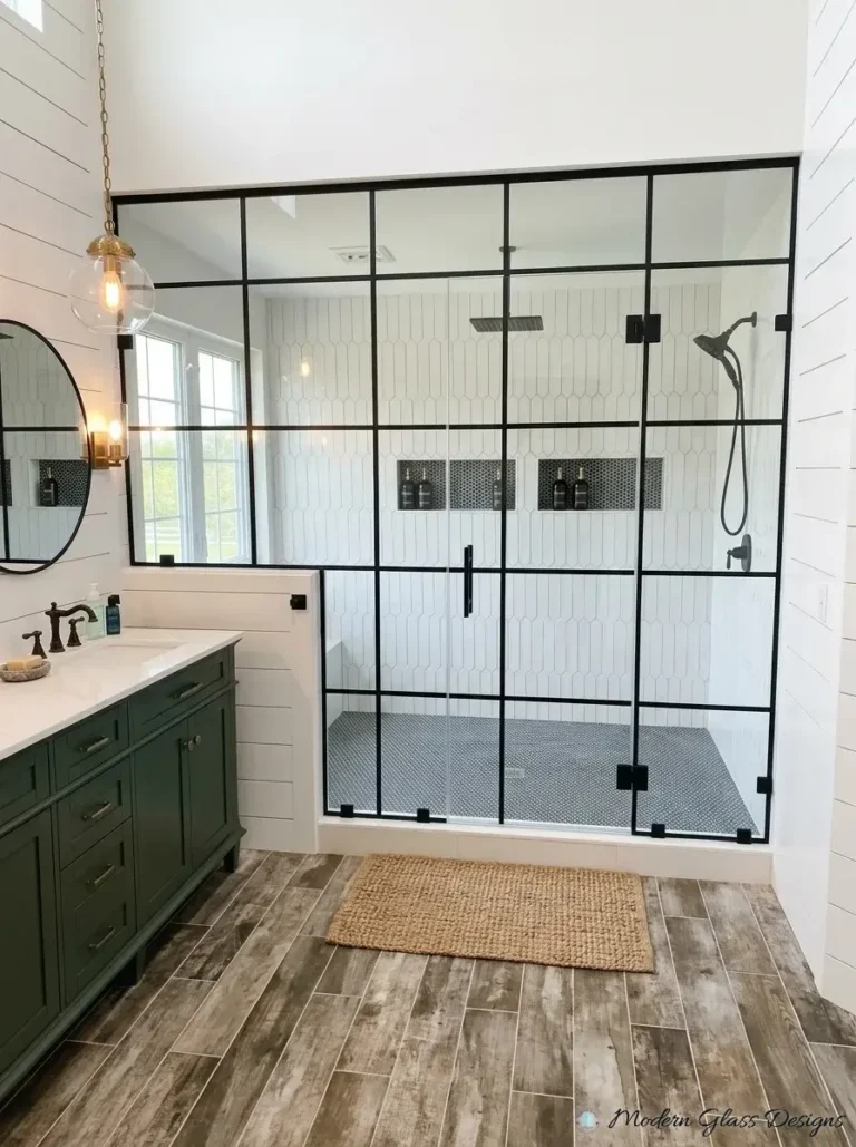 Black grid-style glass shower enclosure with door
