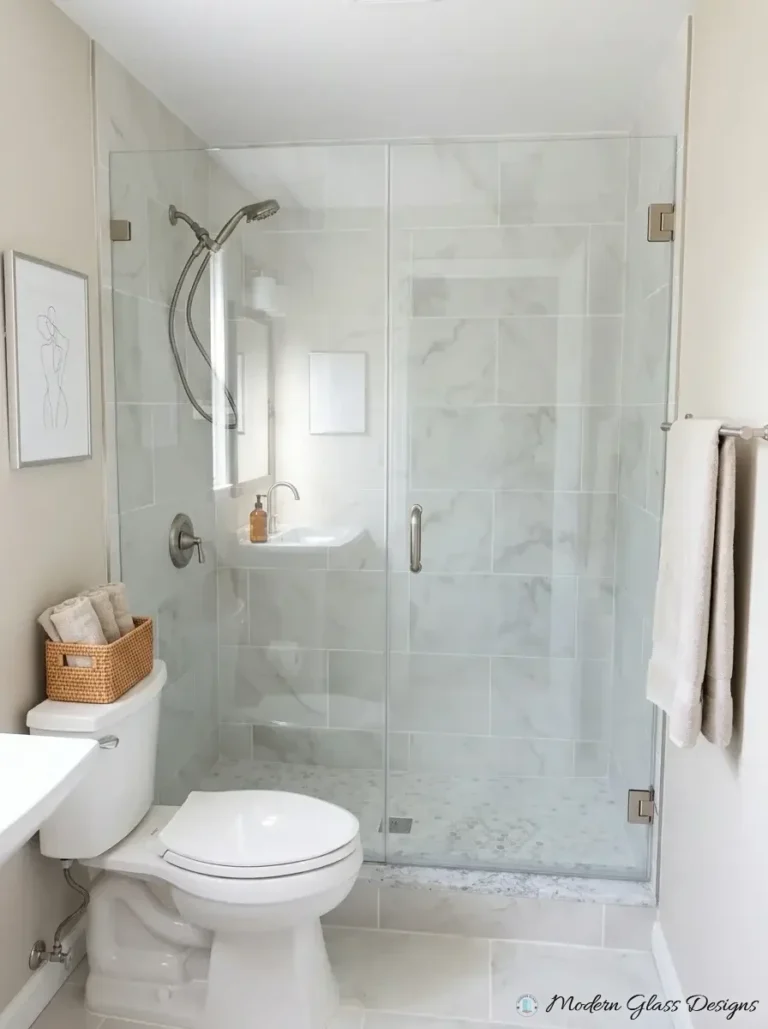 Frameless inline shower panel and door with brushed nickel hinges